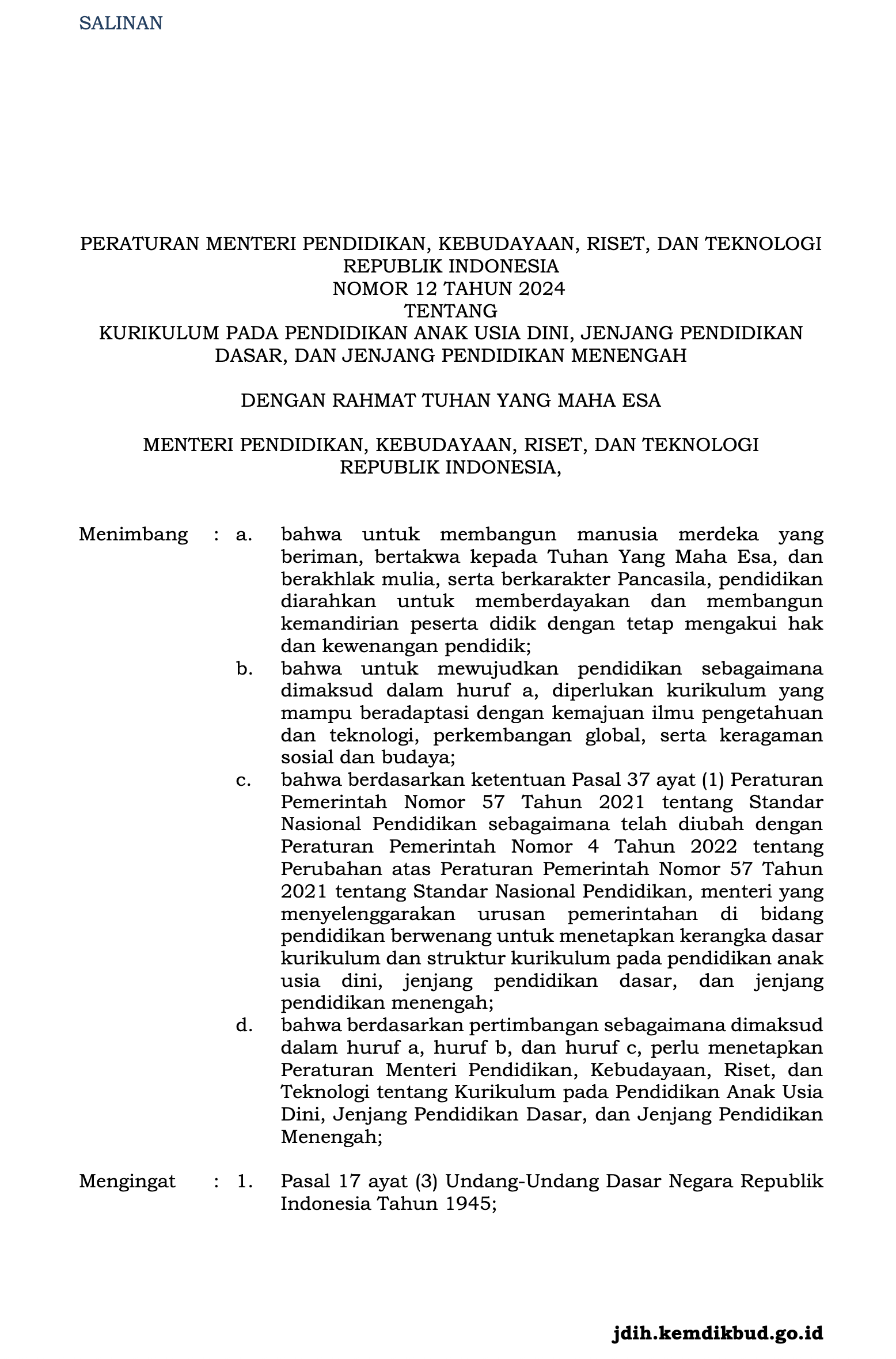 Permendikbudristek No. 12 Tahun 2024 Tentang Kurikulum Pada Pendidikan Anak Usia Dini, Jenjang Pendidikan Dasar, Dan Jenjang Pendidikan Menengah