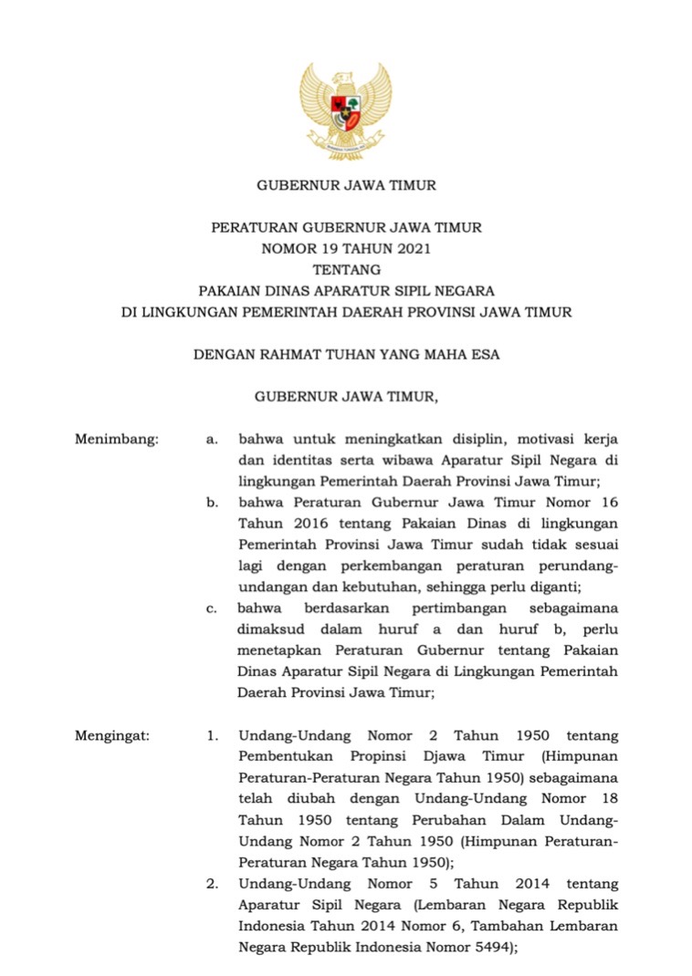 Peraturan Gubernur Jawa Timur Nomor 19 Tahun 2021 Tentang Pakaian Dinas Aparatur Sipil Negara Di Lingkungan Pemerintah Daerah Provinsi Jawa Timur