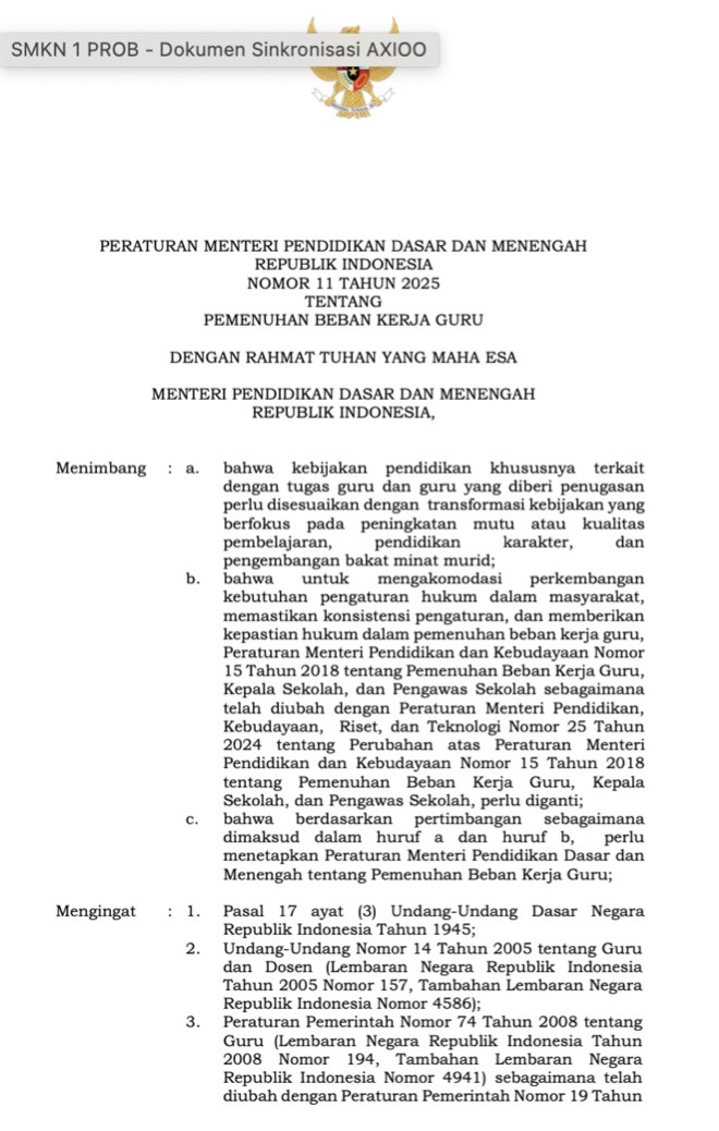 Peraturan Menteri Pendidikan Dasar Dan Menengah Republik Indonesia Nomor 11 Tahun 2025 Tentang Pemenuhan Beban Kerja Guru