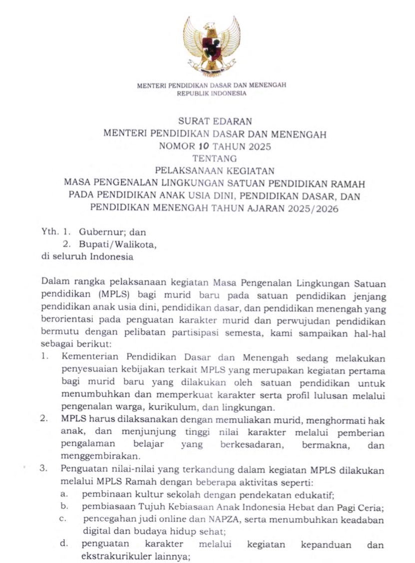 Surat Edaran Mentri Pendidikan Dasar dan Menengah No. 10 Tahun 2025 tentang Pelaksanaan MPLS Pendidikan Ramah pada PAUDDIKDASMEN