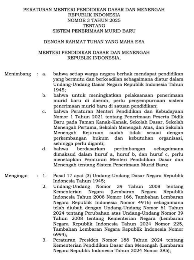 Permendikdasmen RI Nomor 3 Tahun 2025 Tentang Sistem Penerimaan Murid Baru